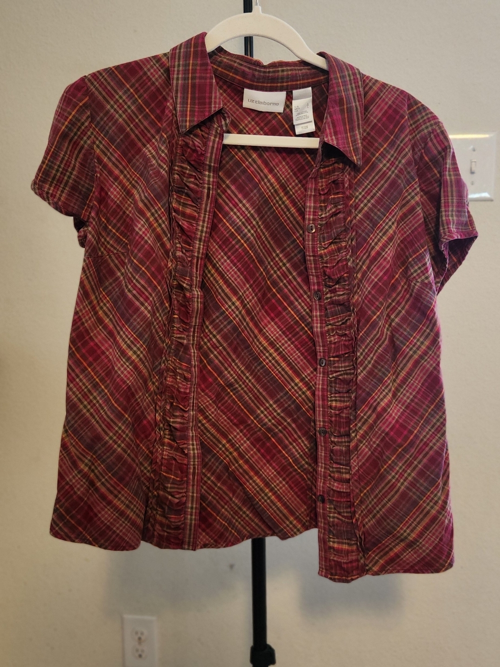 Liz Claiborne Burgundy Plaid Short-Sleeve Ruffle Front Button-Down